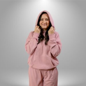 zenski komplet trenerice roze puder kapuljaca oversize