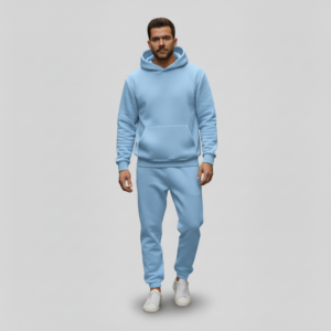 muski komplet trenerke oversize plava pastel sa kapuljcom i dzepom
