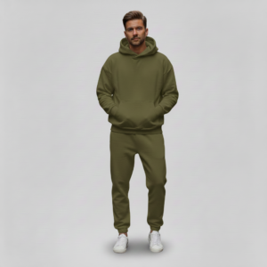 muski komplet trenerke oversize maslinasto zelena sa kapuljcom i dzep